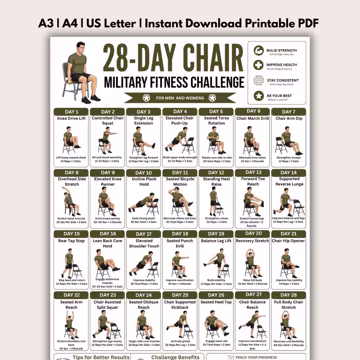 28 Day Chair Military Workout Challenge Printable PDF, Seated Fitness Plan, Chair Exercise Chart, Home Fitness Poster
