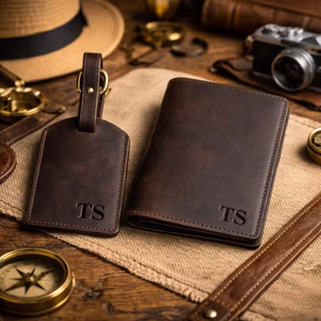 Personalized Leather Passport Holder and Luggage Tag Set, Monogram Travel Accessories