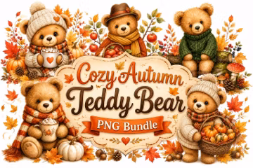 Cozy Autumn Teddy Bear PNG Bundle | Fall Woodland Animals, Pumpkins, Apples (Digital Download)