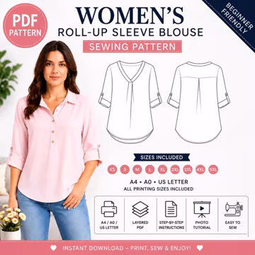 Women’s V Neck Top Sewing Pattern | Loose Casual Blouse PDF | Roll Up Sleeve Shirt | A4 Printable DIY Template | sewing instructions