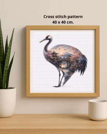 Crane Cross Stitch Pattern, Japanese Landscape, Sakura Bird PDF, Double Exposure Nature, Modern Embroidery Chart