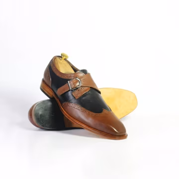 Men Two Tone Leather Monk Strap Wingtip Brogue Shoes Brown Black Handmade Wedding Dress