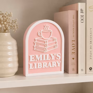 Personalized Library Sign Decor, Custom Name, 3D Printed Bookshelf Decor, Coffee Book Lover Gift