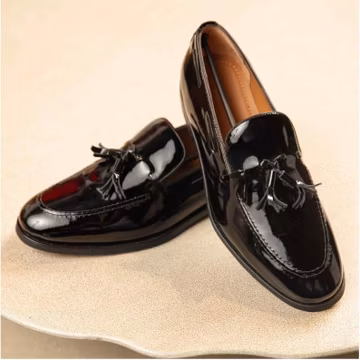Men's handmade black patent tassel loafers, wedding dress shoes