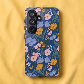 Navy Blue Flower Print Phone Case For Galaxy S21 S22 S23 S24 S24 S25 S26 Ultra FE Plus Pixel 8 9 10 | Tough Impact Resistant Phone Case
