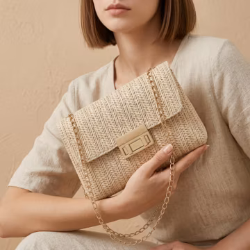 Woven Straw Clutch Bag, Gold Chain Strap, Summer Shoulder Purse, Elegant Minimalist Handbag