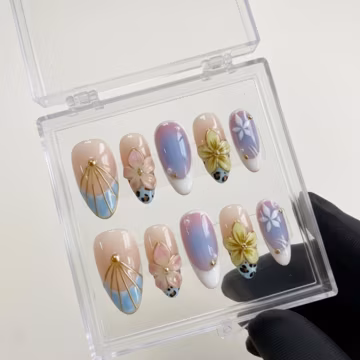 Handmade 3D Floral Press On Nails, Gradient Ombre, Korean Style Bridal Set