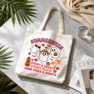 Summerween ghost Canvas Bag, Spooky beach party favor, Bag for Work School Grocery, Travel gift to her, Friend birthday present