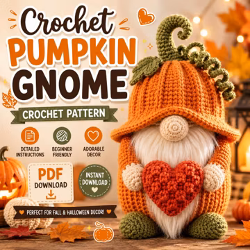 Crochet Pumpkin Gnome Pattern, Halloween Amigurumi Heart Toy, Fall Decor PDF