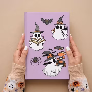 Journal, Pastel Purple Cover with Witchy Ghosts and Halloween Books, Matte Hardcover