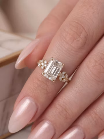 Emerald Cut Moissanite Engagement Ring, 14k Yellow Gold Twig Leaf Band Proposal Ring