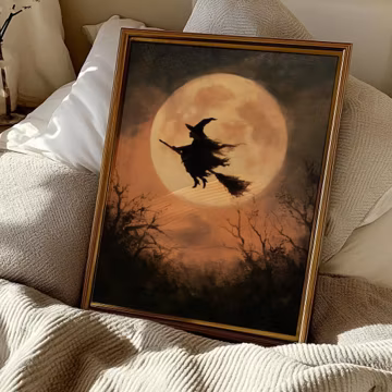 Witch Silhouette Harvest Moon Printable Antique Halloween Wall Art Vintage Gothic Painting Digital Download