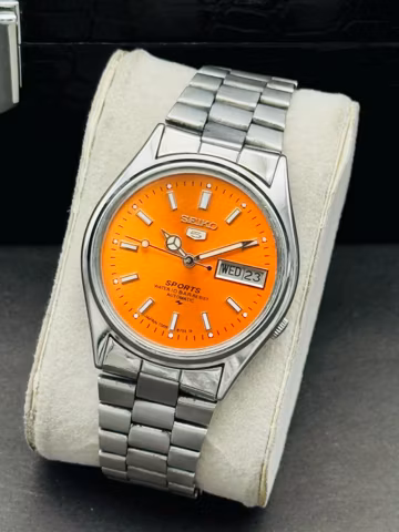 Vintage Seiko 5 Sports Automatic Men's Wrist Watch Day Date orange Dial, Glow in Dark