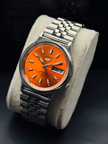 Vintage Seiko 5 Sports Automatic Men's Wrist Watch Day Date Orange Dial, Glow in Dark