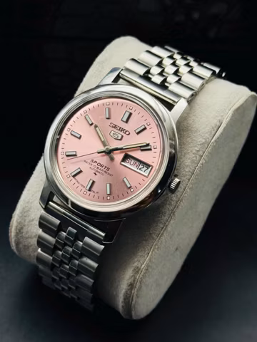 Vintage Seiko 5 Sports Automatic Men's Wrist Watch Day Date Pink Dial, Jubilee Band