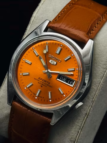 Vintage Seiko 5 Sports Automatic Men's Wrist Watch Day Date Orange Dial, Glow in Dark