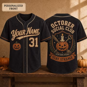 Personalized Halloween Baseball Jersey, Custom Name Number, Spooky Pumpkin Ghost Cat Shirt