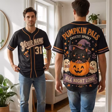 Personalized Halloween Baseball Jersey, Custom Name Number, Spooky Pumpkin Ghost Cat Shirt
