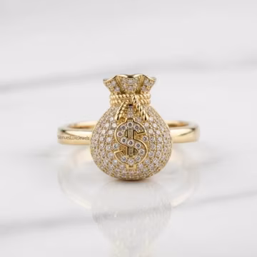 Iced Out Money Bag Ring for Women, Pave Diamond Dollar Sign Ring, 14K Gold Statement Ring, Wealth Manifestation Jewelry, Unique Gift for Her