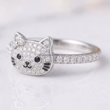 Hello Kitty Ring, Dainty Pave Diamond Cat Ring, Sterling Silver Kitty Ring, Cute Anime Animal Jewelry, Bow Cat Ring, Unique Gift for Her