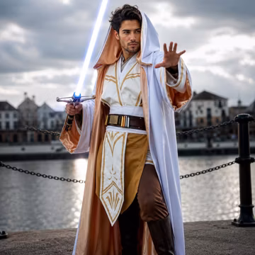 Men's White Gold Jedi Robe Costume Set – Fantasy Hooded Cloak, Wizard Cosplay Outfit