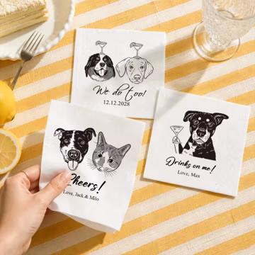 Custom Pet Wedding Cocktail Napkins, Personalized Cat & Dog Portrait Napkin, Party Decor