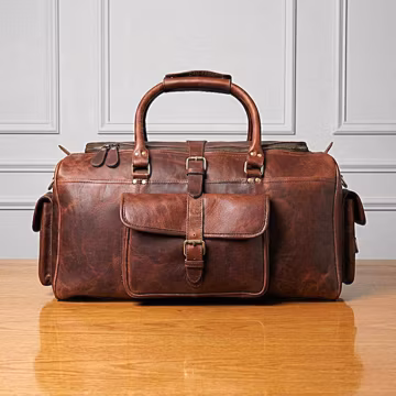 Handmade Travel Duffel Bag, Brown Leather, Buckle Pockets (Carry-On Size)
