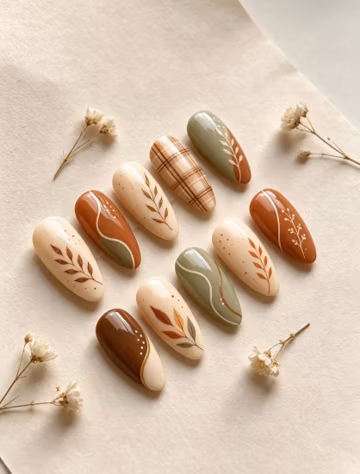 Boho Fall Press On Nails, Sage Green Terracotta Leaf False Nails, Thanksgiving Nail