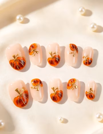 3D Amber Pumpkin Fall Press On Nails, Gold Chrome Accent Pumpkins False Nail