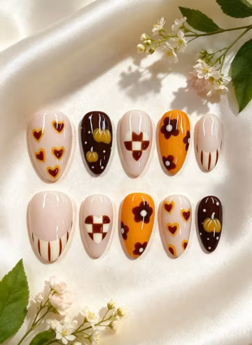 Retro Floral Fall Press On Nails, Pumpkin Checkered Heart False Nails, Thanksgiving Nail