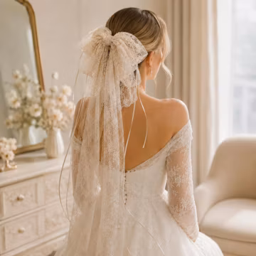 Vintage Lace Bow Wedding Veil, Short Tulle Hair Clip, Coquette Bridal Accessory