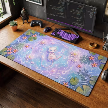 Mew Magical Watercolor Desk Mat, Dreamy Pokemon Mouse Pad, Pastel Gaming Setup, Cute Anime Chair Mat