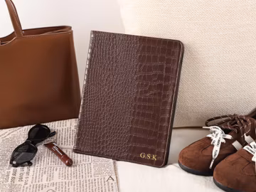 Walnut Brown Leather iPad Case, Crocodile Print Protective Cover, iPad 8/9/10, 2025/2026 iPad Air,iPad Mini 5/6/7,Personalized iPad Pro Case