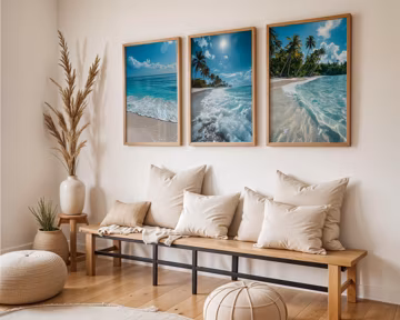 Set of Three | Tropical Beach Paradise Wall Art | Turquoise Ocean & Palm Scene