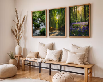 Set of Three | Bamboo Path Waterfall Wall Art | Serene Zen Forest Landscape