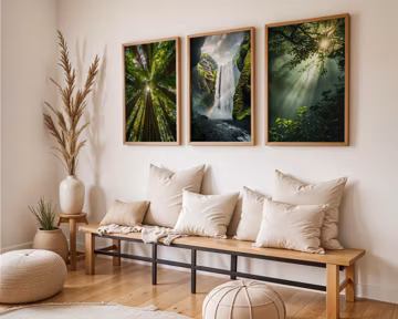 Set of Three | Forest Waterfall Sun Rays Wall Art | Lush Green Nature Scene