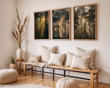 Set of Three | Misty Pine Forest Sunlight Wall Art | Golden Woodland Landscape