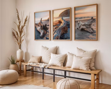 Set of Three | Driftwood Sunset Beach Wall Art | Coastal Minimal Landscape