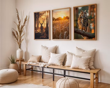 Set of Three | Deer Owl Wildlife Wall Art | Rustic Forest Animal Landscape