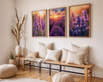 Set of Three | Lavender Field Sunset Wall Art | Purple Floral Landscape Print