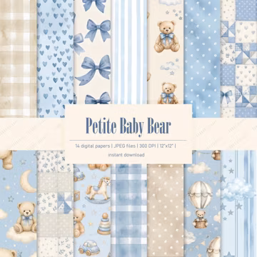 Baby Boy Teddy Bear Digital Paper Pack Watercolor Nursery Scrapbook Paper Baby Shower Background Blue Gingham Patchwork Vintage Toys JPG