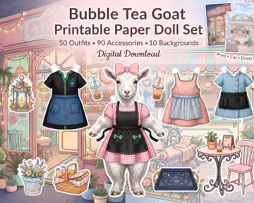 Printable Paper Dolls, Goat Paper Doll with Clothes, Dress Up Doll House Set, Kids Busy Book, Digital Download
