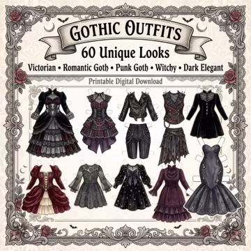Printable Paper Doll House Kit, Gothic Cat Paper Doll, 60 Outfits, Dress Up Set, Halloween Paper Dolls, Digital Download