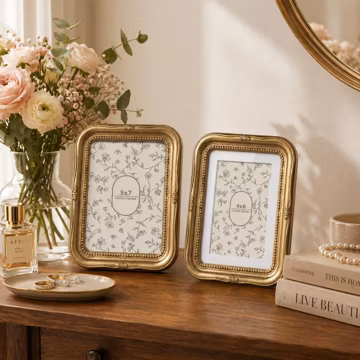 Vintage Ornate Antique Gold Photo Frame | 5x7 4x6 Beaded Gold Picture Frame | Embossed Scalloped Frame | Retro Home Decor Tabletop & Wall