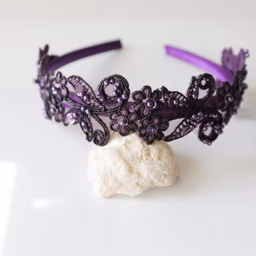 Plum Flower Lace Headband: Dark Purple Beaded Wedding Hair Accessory