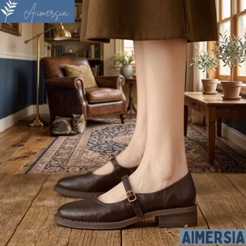 Handmade Leather Mary Jane Shoes, Vintage Buckle Flats, Round Toe Comfort Everyday Wear