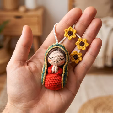 Virgin Mary Crochet Car Charm, Sunflower Rearview Mirror Accessory, Handmade Blessed Mother Car Decor, Catholic Protection Gift for New Car