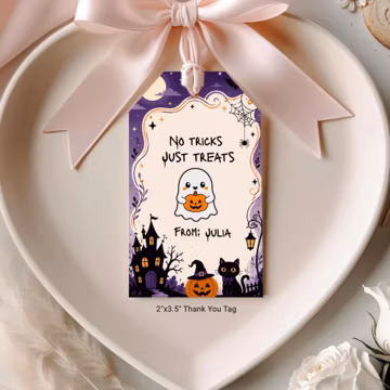 No Tricks Just Treats Halloween Gift Tags, Editable Halloween Favor Tags, Kids Treat Bag Tags Printable Canva Template