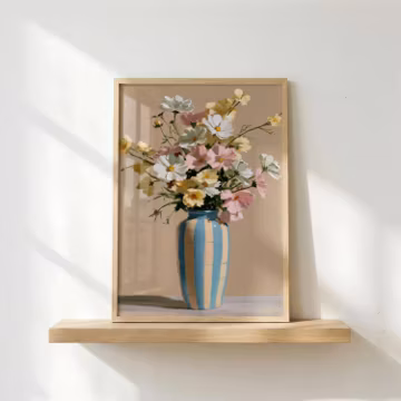 Vintage Floral Still Life, Blue Striped Vase Printable Wall Art (Digital Download)