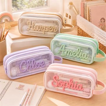 Custom Name Pencil Case, Personalized Transparent Mesh Pouch, Double Zipper School Supply Bag, Birthday Gift for Girls Boys
